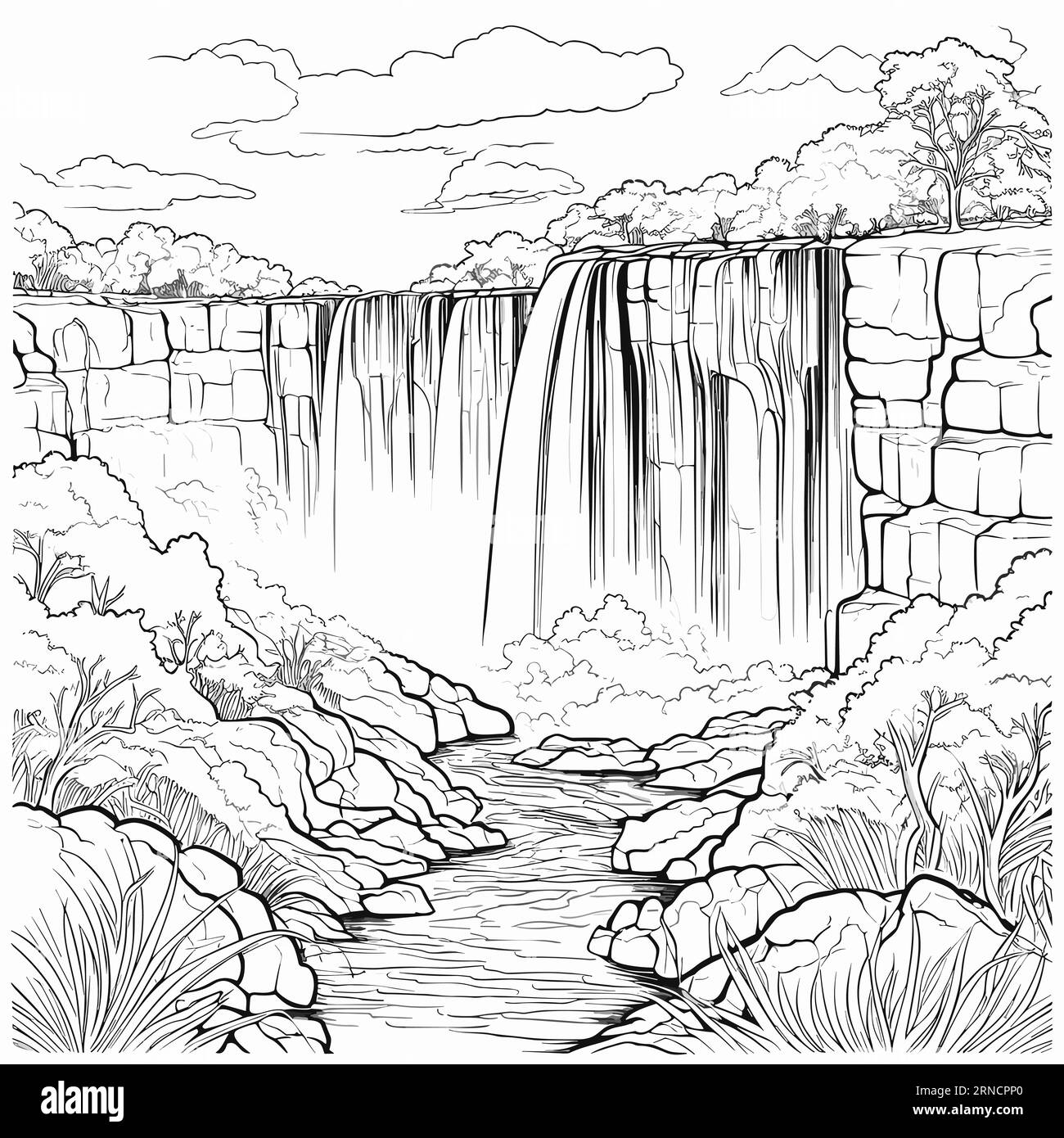 An Ink Drawing Of A Large Waterfall, In The Style Of Richly Detailed Backgrounds, Pencil Art Illustrations, Detailed Skies, Art Sketch Stock Vector