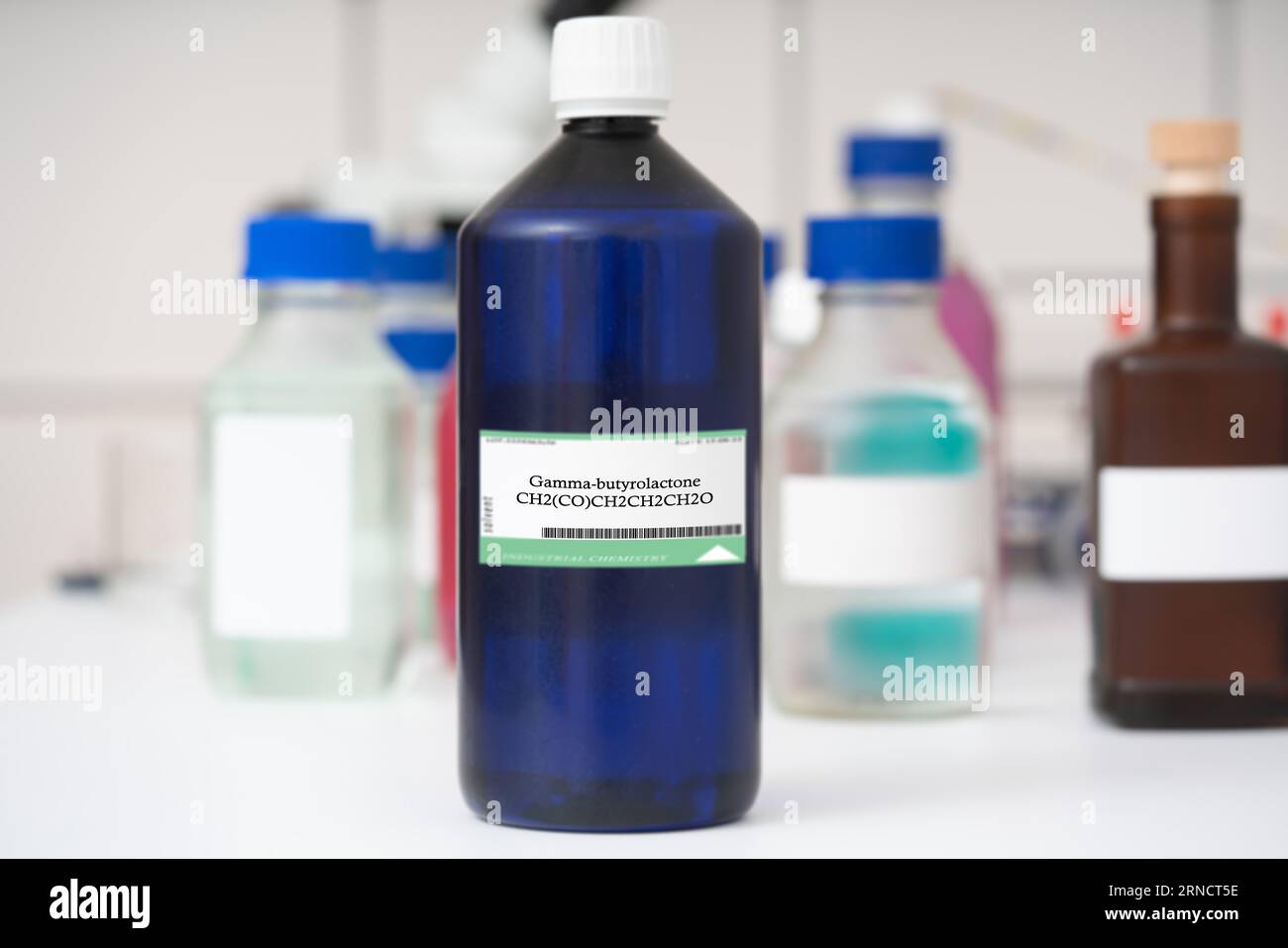 Gamma-butyrolactone A colorless, hygroscopic liquid used as a solvent and in the production of various chemicals, such as pesticides and pharmaceutica Stock Photo