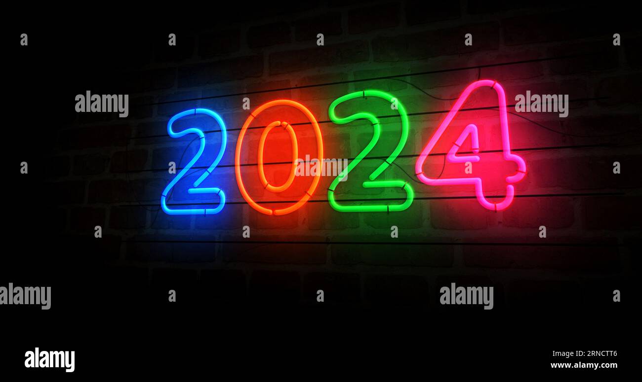 2024 year symbol neon symbol. Light color bulbs. Abstract concept 3d