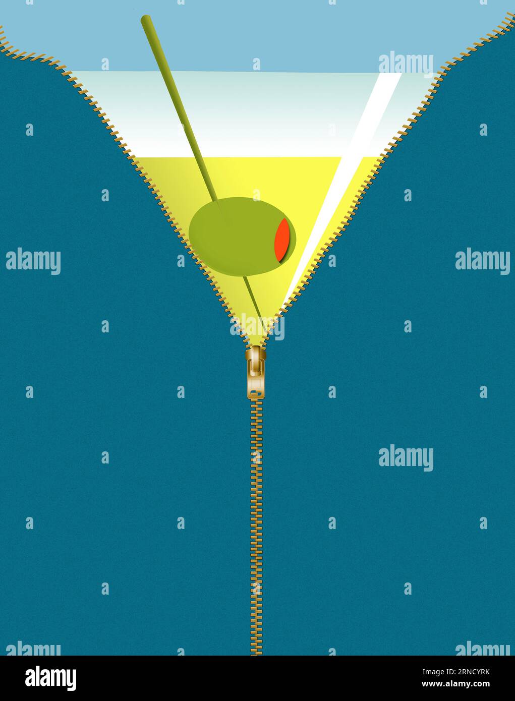 An open zipper reveals a martini with olive in a 3d illustration about