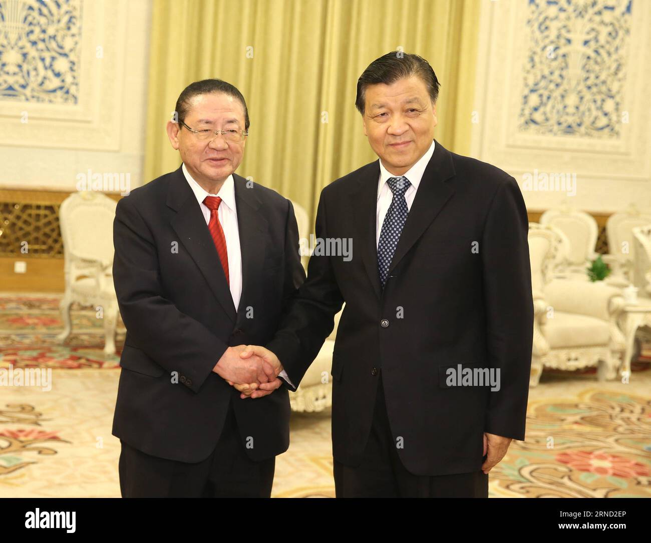 (160429) -- BEIJING, April 29, 2016 -- Liu Yunshan (R), a member of the Standing Committee of the Political Bureau of the Communist Party of China (CPC) Central Committee, meets with a Japanese delegation led by Taku Yamasaki, former secretary-general of Japan s Liberal Democratic Party, in Beijing, capital of China, April 29, 2016. ) (mp) CHINA-BEIJING-LIU YUNSHAN-JAPANESE DELEGATION-MEETING (CN) MaxZhancheng PUBLICATIONxNOTxINxCHN   160429 Beijing April 29 2016 Liu Yunshan r a member of The thing Committee of The Political Bureau of The Communist Party of China CPC Central Committee Meets Wi Stock Photo