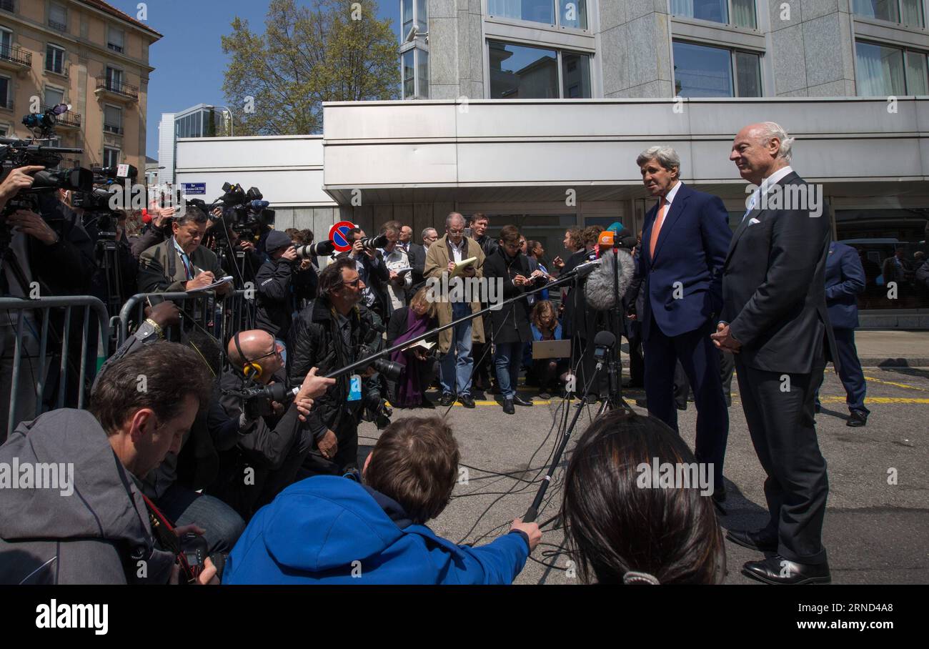 (160502) -- GENEVA, May 2, 2016 -- U.S. Secretary of State John Kerry (2nd R) and UN Special Envoy for Syria Staffan de Mistura (1st R) hold a press conference after their meeting in a hotel in Geneva, Switzerland, May 2, 2016. U.S. Secretary of State John Kerry on Monday urged all parties to the Syrian conflict to end violence and restore the cessation of hostilities during his second day trip here for talks focusing on the Syrian situation. ) SWITZERLAND-GENEVA-SYRIAN CONFLICT-US-KERRY XuxJinquan PUBLICATIONxNOTxINxCHN   160502 Geneva May 2 2016 U S Secretary of State John Kerry 2nd r and UN Stock Photo