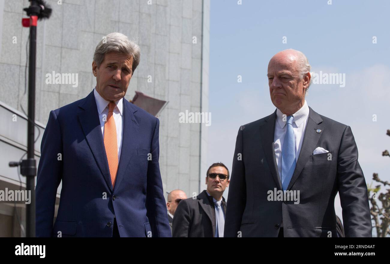 Bilder des Tages (160502) -- GENEVA, May 2, 2016 -- U.S. Secretary of State John Kerry (L) and UN Special Envoy for Syria Staffan de Mistura arrive for a press conference after their meeting in a hotel in Geneva, Switzerland, May 2, 2016. U.S. Secretary of State John Kerry on Monday urged all parties to the Syrian conflict to end violence and restore the cessation of hostilities during his second day trip here for talks focusing on the Syrian situation. ) SWITZERLAND-GENEVA-SYRIAN CONFLICT-US-KERRY XuxJinquan PUBLICATIONxNOTxINxCHN   Images the Day 160502 Geneva May 2 2016 U S Secretary of Sta Stock Photo