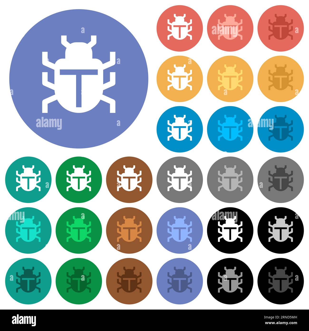 Computer bug solid multi colored flat icons on round backgrounds. Included white, light and dark icon variations for hover and active status effects, Stock Vector