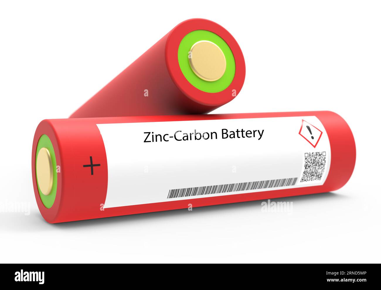 Zinc-carbon Battery A zinc-carbon battery is a primary battery that uses zinc as the negative electrode, and manganese dioxide and carbon as the posit Stock Photo