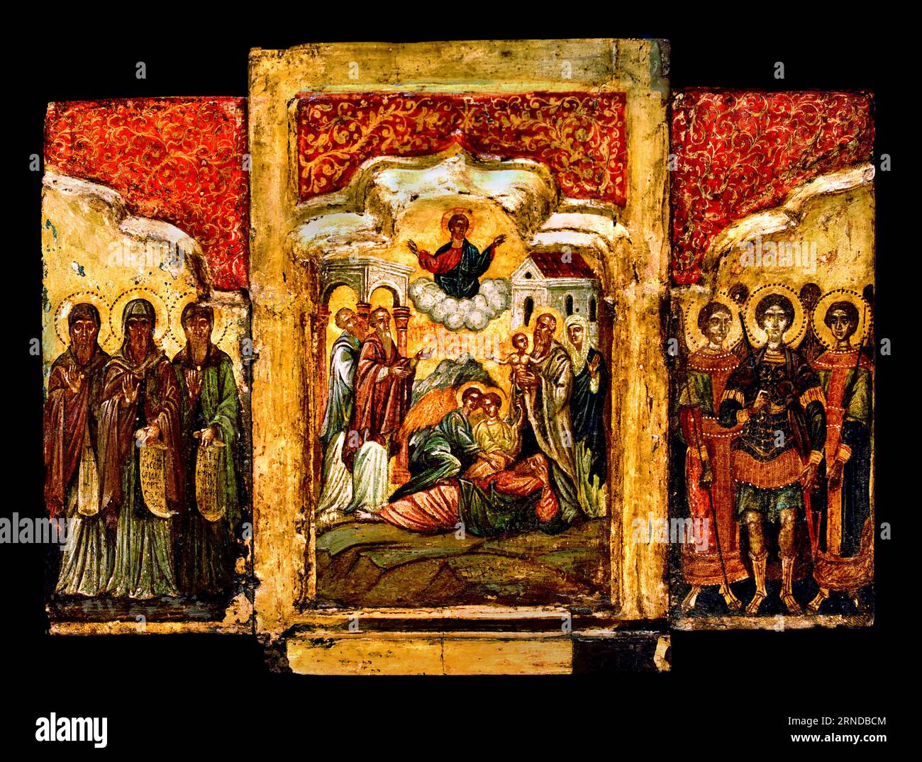 Triptych, The dream of Zacharias, saint and depiction of the Donar. Greek Museum Athens Orthodox Byzantine Church Greece Stock Photo