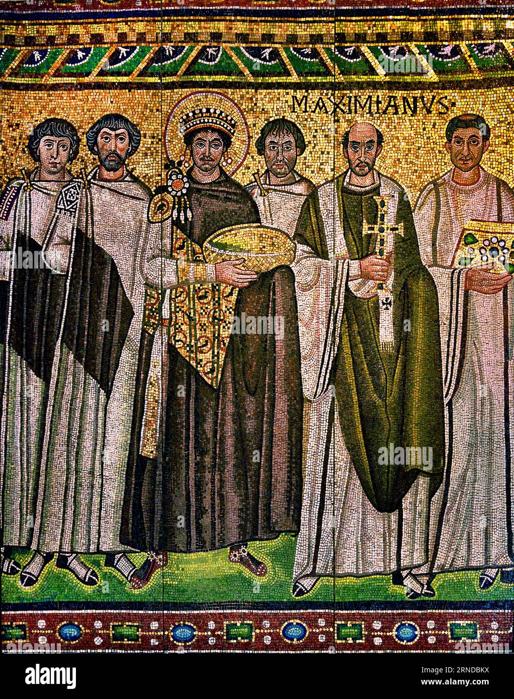 'The emperor Justinian I, the archbishop of Ravenna Maximianus, and their retinue. 547   Greek Museum Athens Orthodox Byzantine Church Greece copy Stock Photo