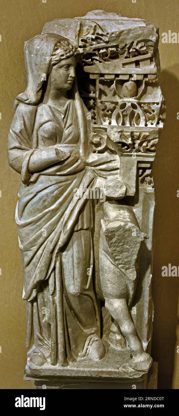 Fragment of a late Roman sarcophagus, of the type called "Sydamara sarcophagi", Athens, Museum, Greek, Greece. Stock Photo