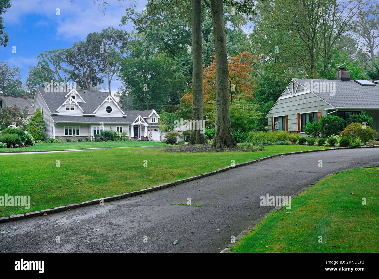 American suburban neighborhood with traditional detached houses with mature trees Stock Photo