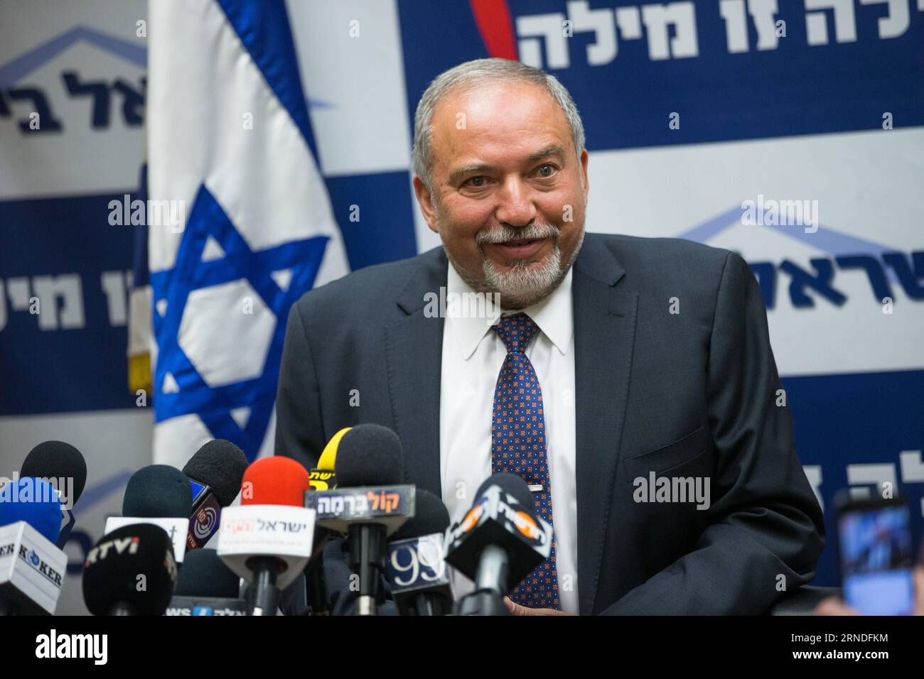 JERUSALEM, May 18, 2016 -- Israeli far-right lawmaker Avigdor Liberman addresses a press conference in Jerusalem May 18, 2016. Prime Minister Benjamin Netanyahu sought to court Avigdor Lieberman on Wednesday amid attempts to enlarge his government and stabilize his ruling coalition. ) (zjy) ISRAEL-COALITION GOVERNMENT-AVIGDOR LIBERMAN JINI PUBLICATIONxNOTxINxCHN   Jerusalem May 18 2016 Israeli Far Right lawmaker Avigdor Liberman addresses a Press Conference in Jerusalem May 18 2016 Prime Ministers Benjamin Netanyahu sought to Court Avigdor Lieberman ON Wednesday Amid attempts to enlarge His Go Stock Photo
