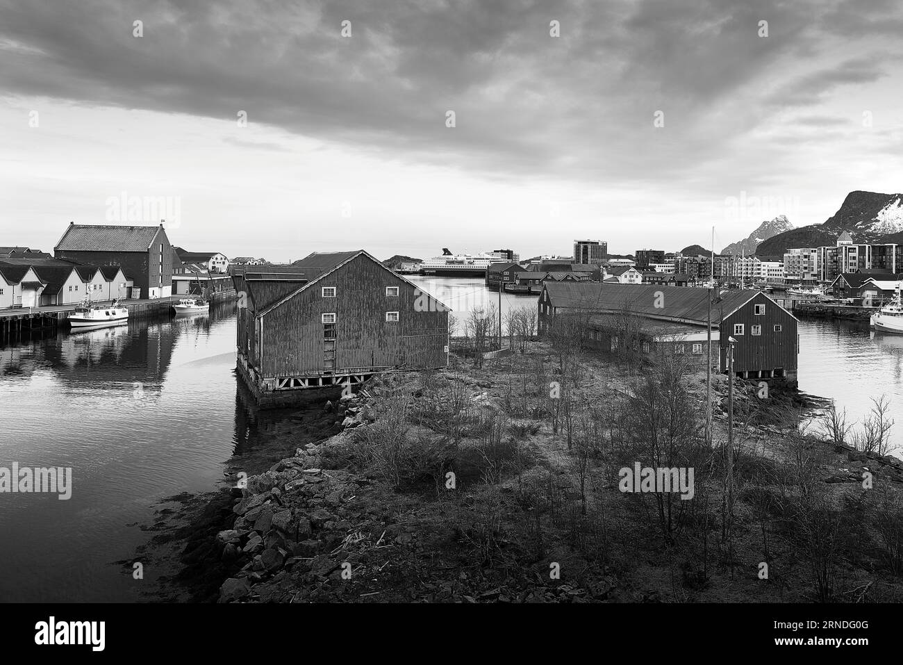 Black And White Photo Of The Small Norwegian Arctic Town Of Svolvær, In the Lofoten Islands, Nordland, Norway, 9 May 2023 Stock Photo