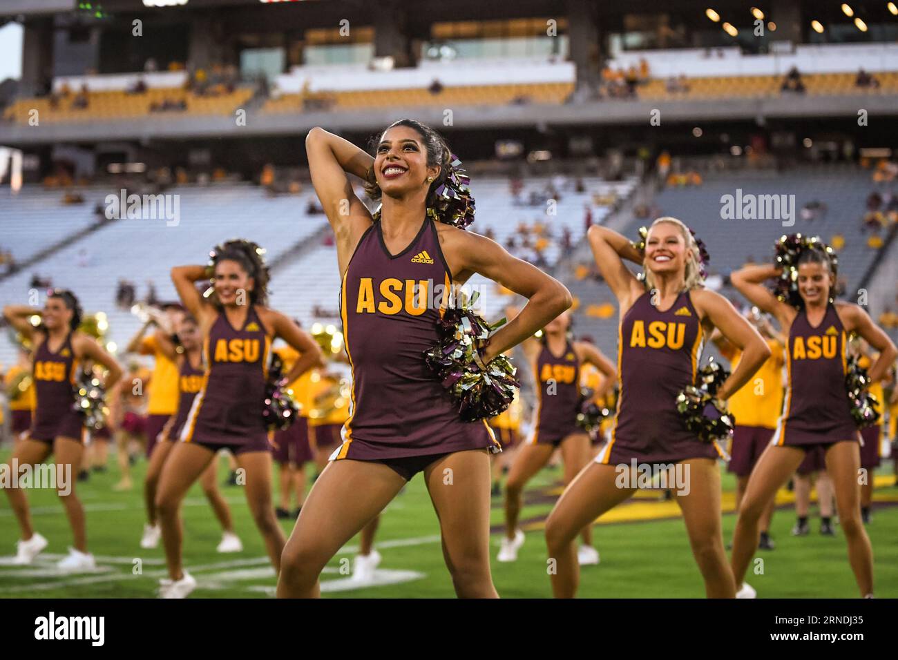 Arizona State cheerleaders perform before a game against the Southern Utah Thunderbirds, on Thursday, August 31, 2023. Arizona State defeated Southern Stock Photo