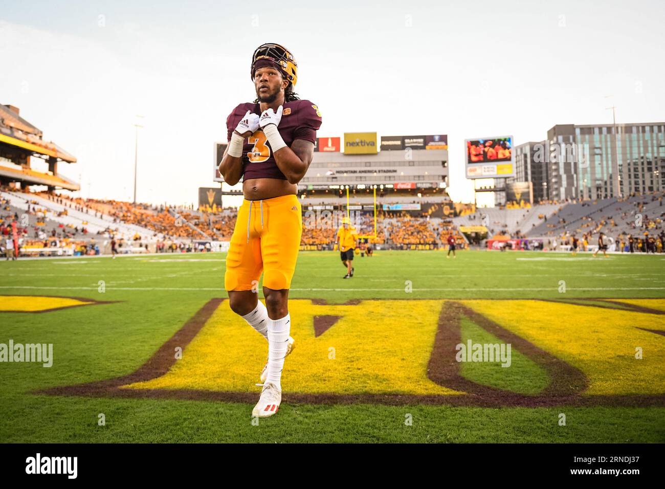 Arizona State wide receiver Jake Smith (3) walks off the field after warmups before a game against the Southern Utah Thunderbirds, on Thursday, August Stock Photo