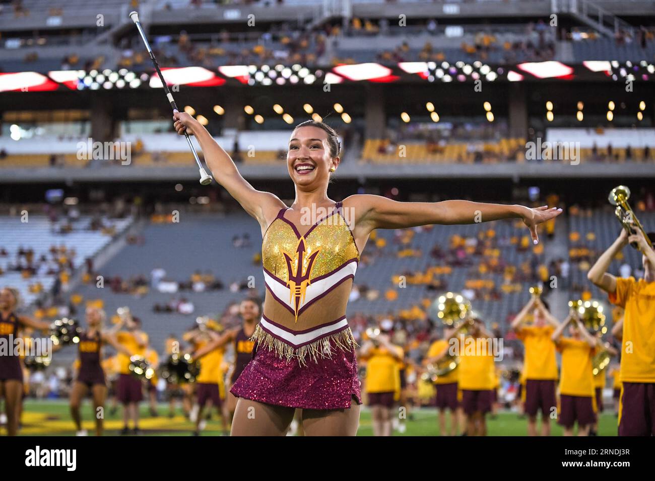 Arizona State baton twirler performs before a game against the Southern Utah Thunderbirds, on Thursday, August 31, 2023. Arizona State defeated Southe Stock Photo