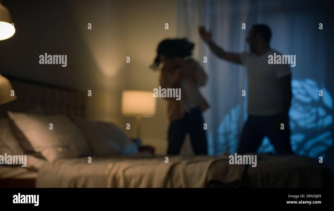 Angry man beat fight woman relationship problems family quarrel domestic violence victim afraid social issues aggression drunk husband violent hitting Stock Photo