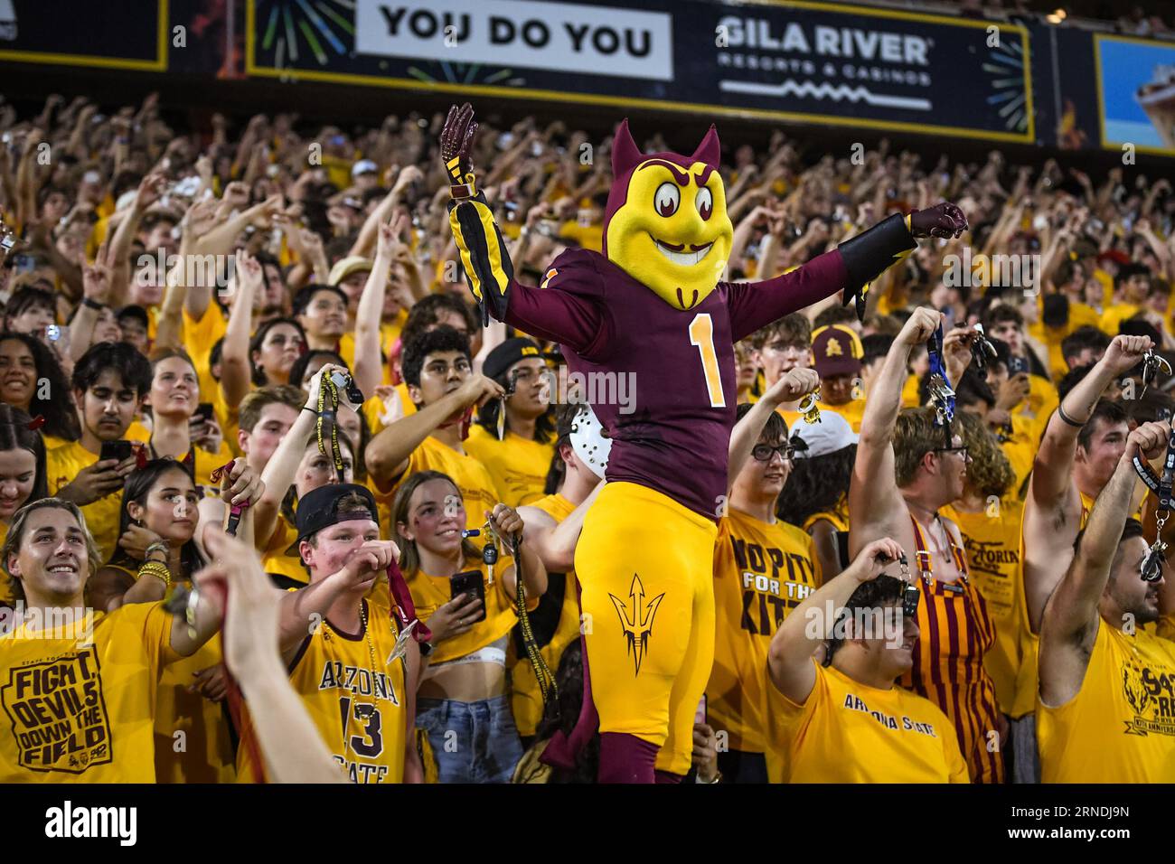 Arizona State mascot “Sparky” leads the student section in a chant during kick off of a game against the Southern Utah Thunderbirds, on Thursday, Augu Stock Photo
