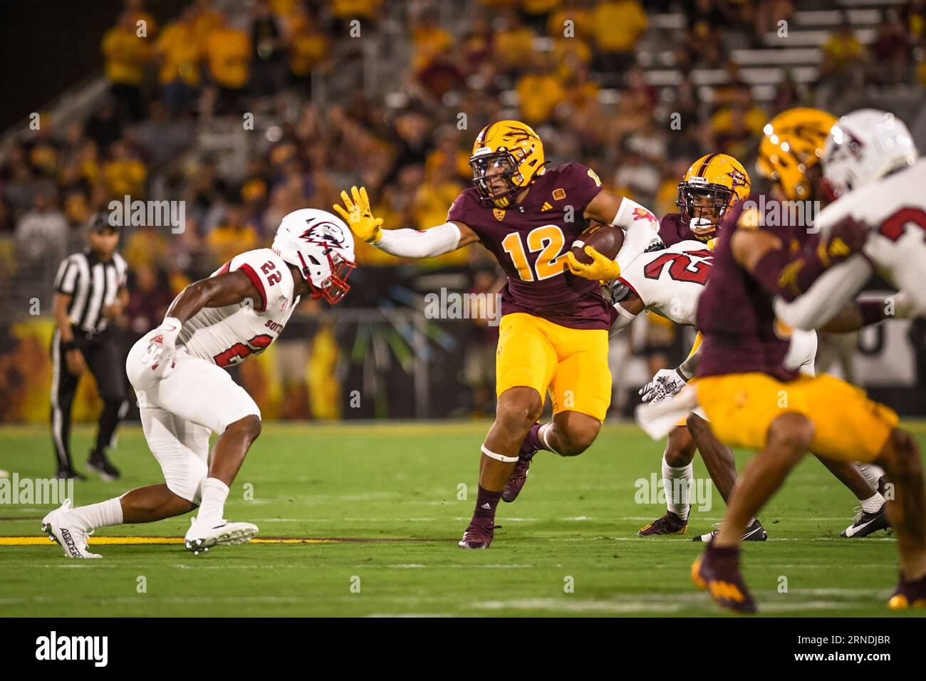 Arizona State tight end Jalin Conyers (12) attempts to break free in the first quarter of a game against the Arizona State Sun Devils, on Thursday, Au Stock Photo