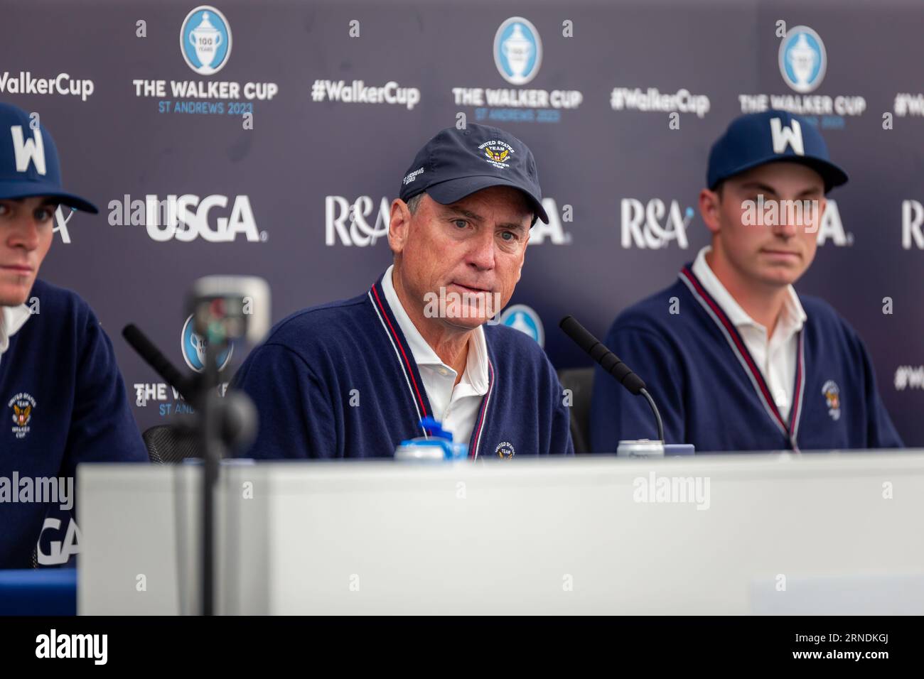 St Andrews, Scotland. 1st Sep 2023. Team Captain Mike McCoy  and Ben James during the USA Team Press Conference ahead of the 2023 Walker Cup.   Great Britain and Ireland go head-to-head with the United States of America in the 49th Walker Cup Match this week. It is 100 years since the Walker Cup was first staged in St Andrews as the two sides – made up of ten leading male amateur golfers – prepare to battle it out on the historic Old Course. Stock Photo