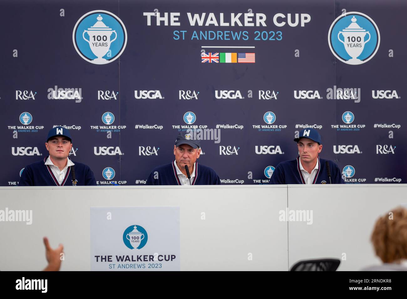 St Andrews, Scotland. 1st Sep 2023. Austin Greaser, Mike McCoy and Ben James during the USA Team Press Conference ahead of the 2023 Walker Cup.   Great Britain and Ireland go head-to-head with the United States of America in the 49th Walker Cup Match this week. It is 100 years since the Walker Cup was first staged in St Andrews as the two sides – made up of ten leading male amateur golfers – prepare to battle it out on the historic Old Course. Stock Photo