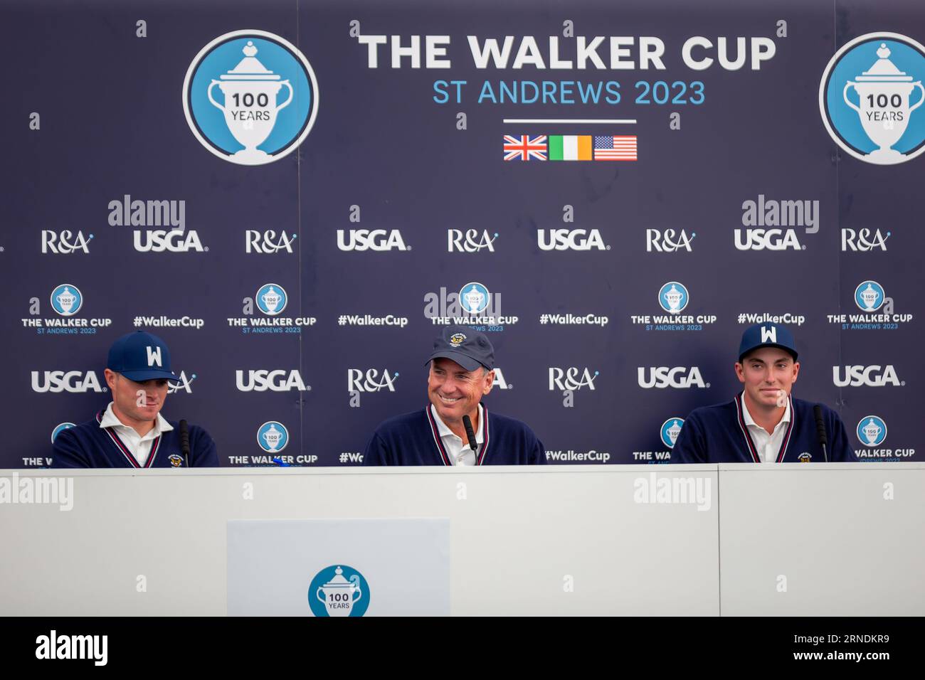 St Andrews, Scotland. 1st Sep 2023. Austin Greaser, Mike McCoy and Ben James during the USA Team Press Conference ahead of the 2023 Walker Cup.   Great Britain and Ireland go head-to-head with the United States of America in the 49th Walker Cup Match this week. It is 100 years since the Walker Cup was first staged in St Andrews as the two sides – made up of ten leading male amateur golfers – prepare to battle it out on the historic Old Course Stock Photo