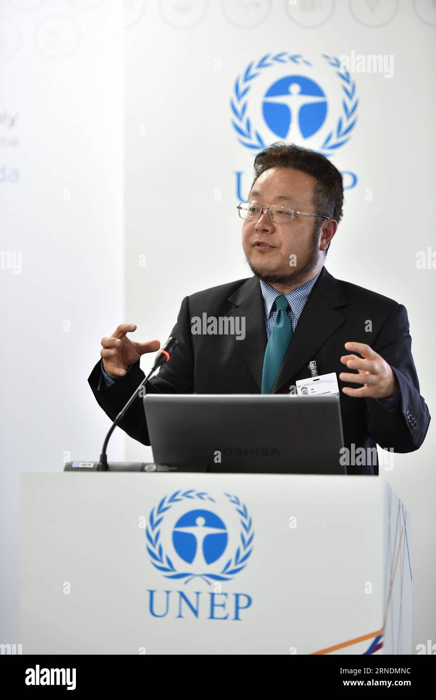 (160524)-- NAIROBI, May 24, 2016 -- He Kebin, Dean at the School of Environment at the Tsingua University in China, introduces the report A Review of Air Pollution Control in Beijing: 1998-2013 during a press conference of the ongoing second edition of the United Nations Environment Assembly in Nairobi, Kenya, May 24, 2016. The United Nations Environmental Program (UNEP) has said there is need for governments to refashion policy interventions aimed at reducing air pollution. ) KENYA-NAIROBI-UNITED NATIONS ENVIRONMENT ASSEMBLY-AIR POLLUTION CONTROL SunxRuibo PUBLICATIONxNOTxINxCHN   160524 Nair Stock Photo