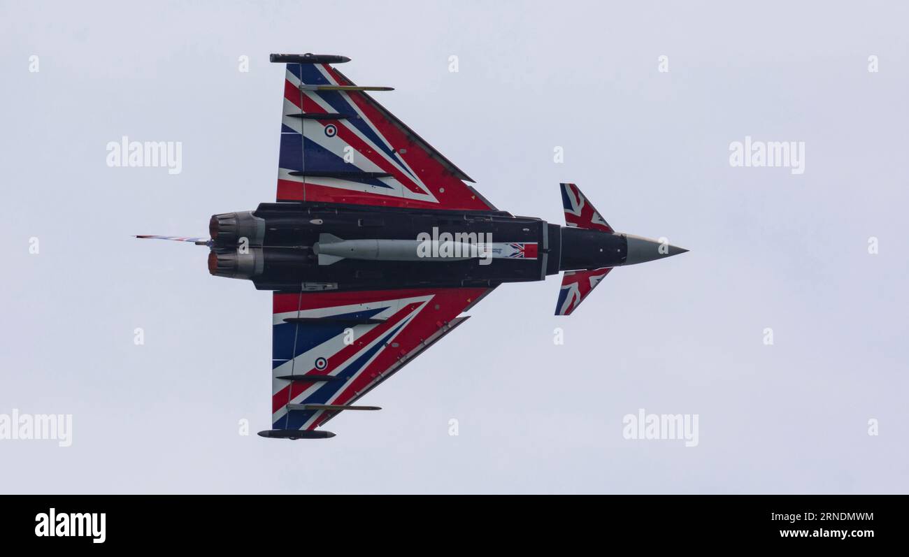 Bournemouth Air Festival, Bournemouth, Dorset, UK. 1st Sep 2023. An RAF Eurofighter Typhoon FGR.4 piloted by Flight Lieutenant Matt Brighty from 29 Squadron based at RAF Coningsby in Lincolnshire puts on a dazzling display with his Union Jack emblazoned aircraft at the Bournemouth Air Festival. Credit: Stuart Robertson/Alamy Live News. Stock Photo