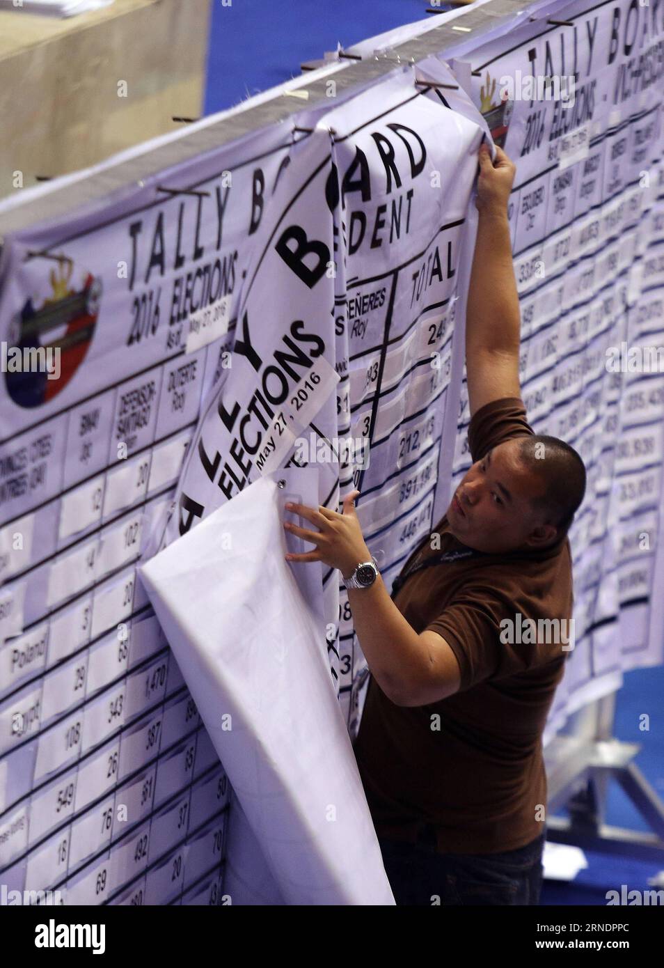 (160527) -- QUEZON CITY, May 27, 2016 -- A Philippine Congress official removes a tally sheet from a board after the official counting of votes from the May 9 elections of president and vice president at the House of Representatives in Quezon City, the Philippines, May 27, 2016. Rodrigo Duterte and Maria Leonor Robredo have officially won the May 9 presidential and vice-presidential elections respectively, said the final tally of votes by the Philippine Congress Friday. ) PHILIPPINES-QUEZON CITY-PRESIDENTIAL ELECTIONS-WINNERS ROUELLExUMALI PUBLICATIONxNOTxINxCHN   160527 Quezon City May 27 201 Stock Photo