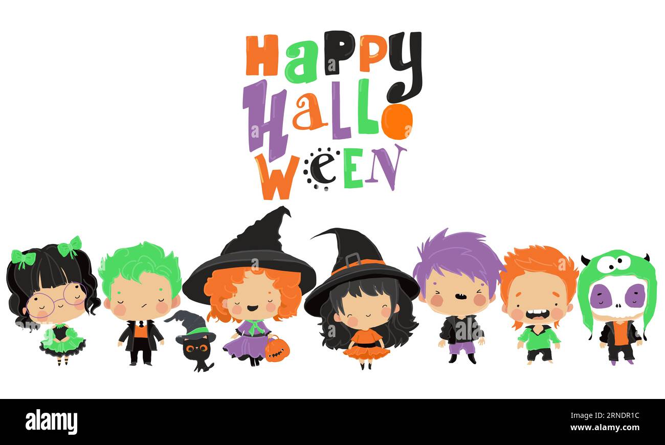 Set of Cute Cartoon Children in Colorful Halloween Costumes Stock Vector