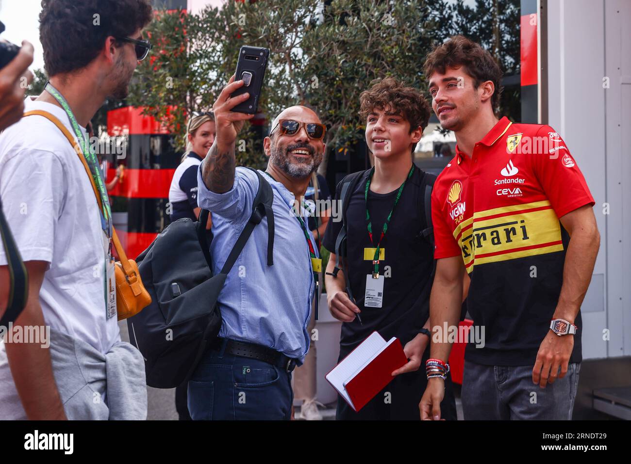 Monza, Italia. 1st Sep, 2023. Charles Leclerc of Ferrari is seen with fans  on a practice day ahead of the F1 Grand Prix of Italy at Autodromo  Nazionale Monza, on September 1