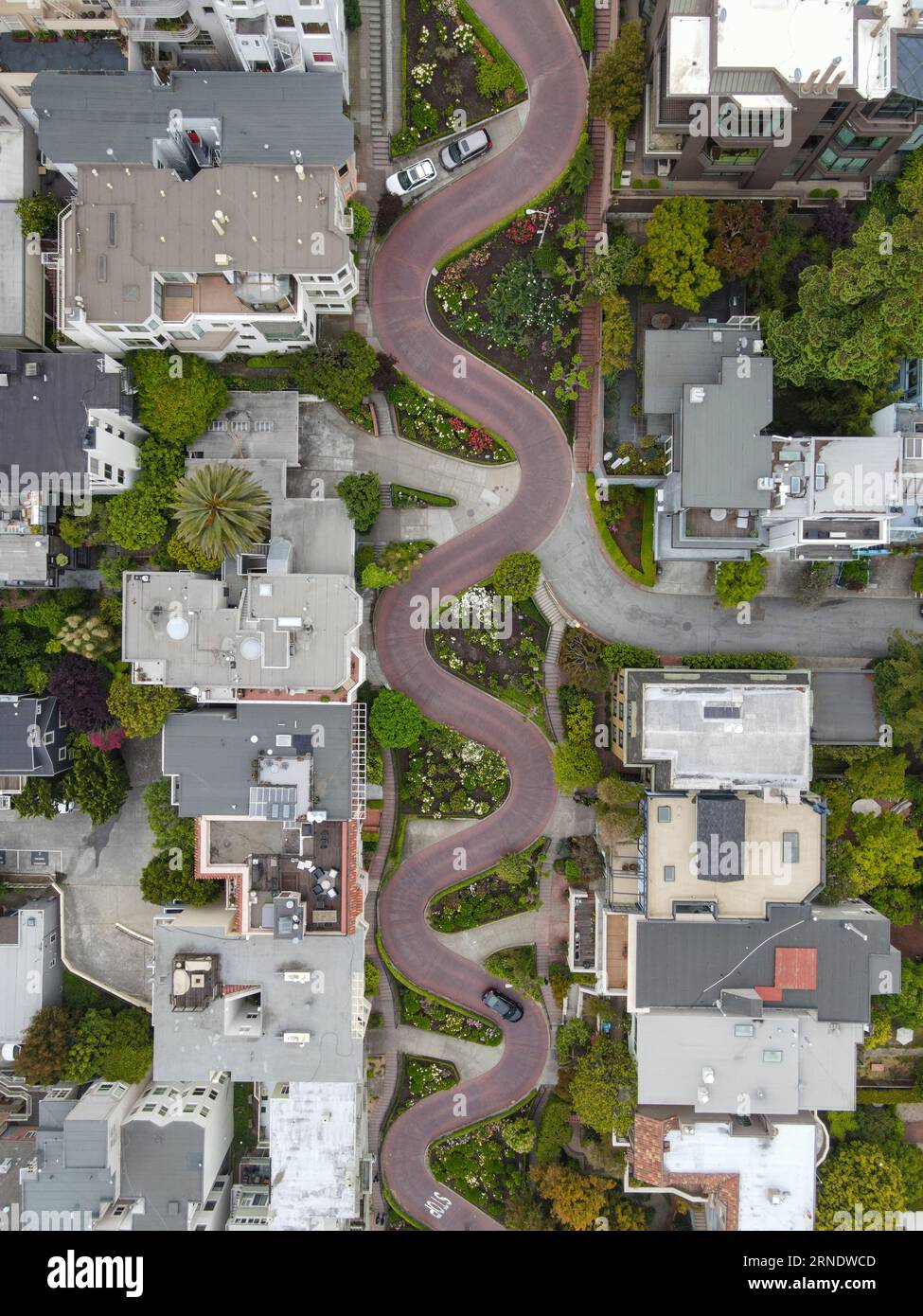 An aerial view of Lombard Street in San Francisco, California, the