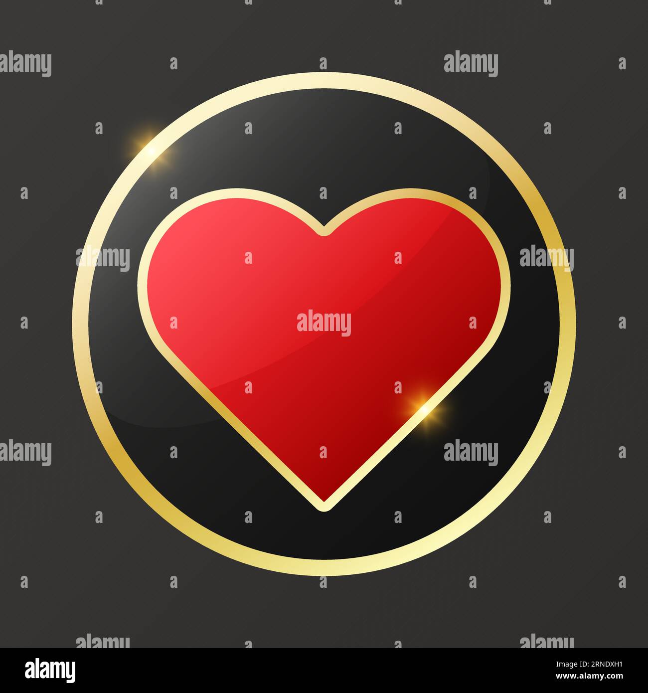 Hearts chip sign icon. Glossy playing card suit symbol with gold border. Vector illustration token chip. Black background Stock Vector