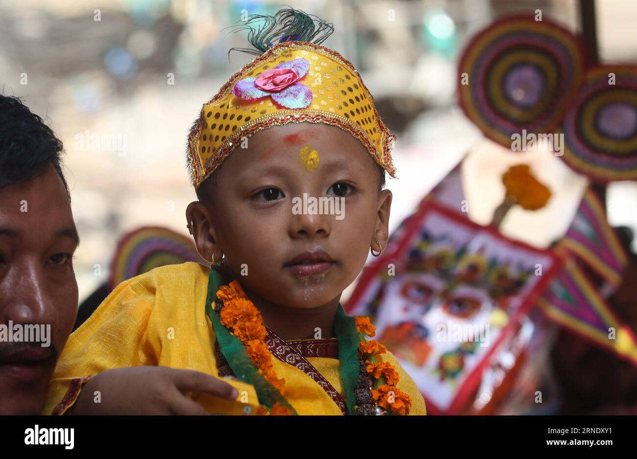 Kathmandu, Bagmati, Nepal. 1st Sep, 2023. A kid dressed up as Lord Krishna participates in a parade to celebrate the Gaijatra festival, or festival of cows in Kathmandu, Nepal on September 1, 2023. Hindus celebrate the festival to honor cows, and commemorate departed loved ones and ask for salvation and peace for them. (Credit Image: © Sunil Sharma/ZUMA Press Wire) EDITORIAL USAGE ONLY! Not for Commercial USAGE! Stock Photo