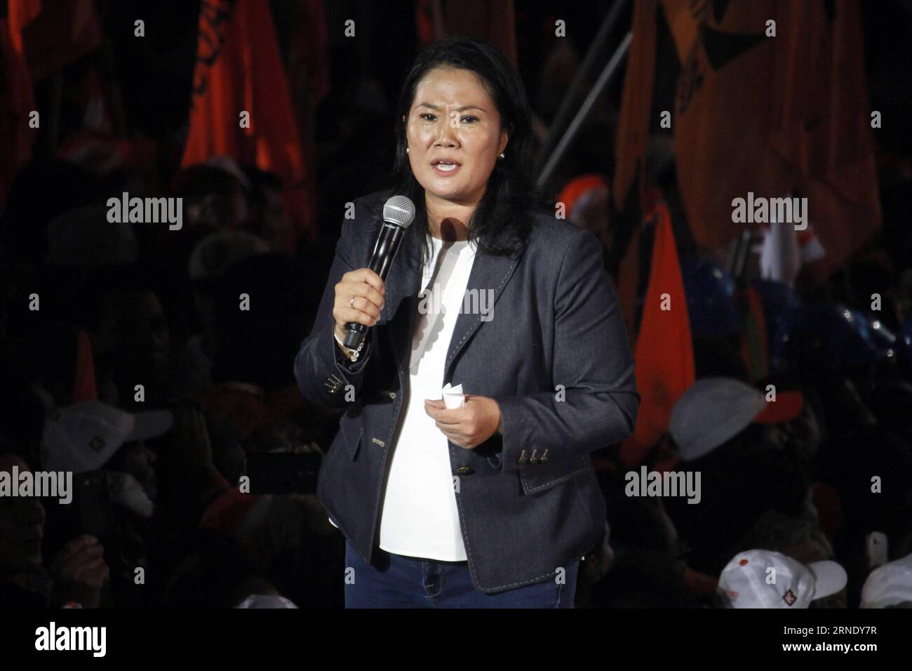 (160603) -- LIMA, June 3, 2016 -- Peruvian presidential hopeful Keiko Fujimori of the center-right Popular Force (FP) Party addresses a campaign closing for the second round of elections in Peru, in the Villa El Salvador District, Lima province, Peru, on June 2, 2016. ) PERU-LIMA-POLITICS-ELECTIONS LuisxCamacho PUBLICATIONxNOTxINxCHN   160603 Lima June 3 2016 Peruvian Presidential hopeful Keiko Fujimori of The Center Right Popular Force FP Party addresses a Campaign CLOSING for The Second Round of Elections in Peru in The Villa El Salvador District Lima Province Peru ON June 2 2016 Peru Lima P Stock Photo