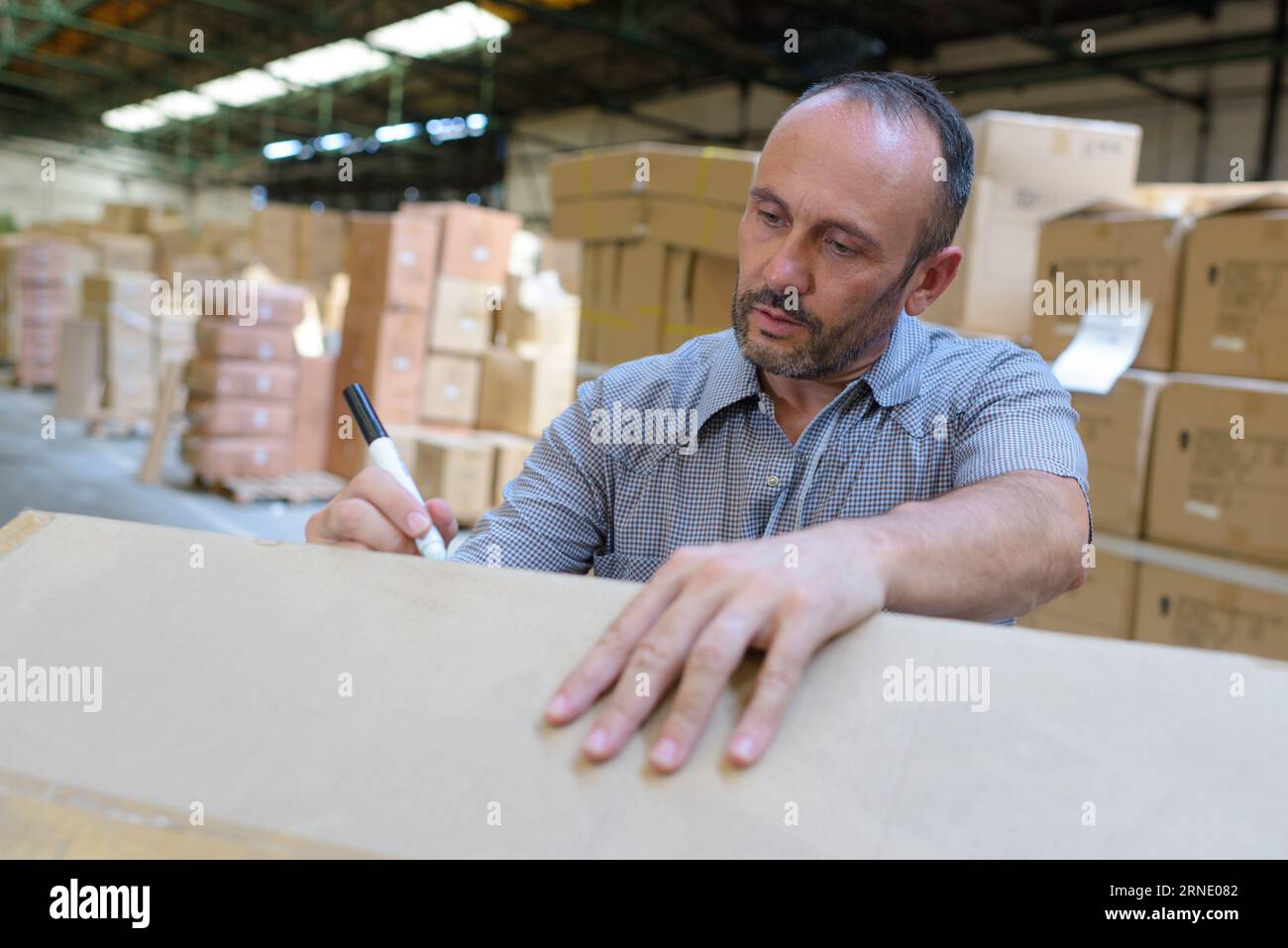 porter with boxes in a warehouse Stock Photo Alamy