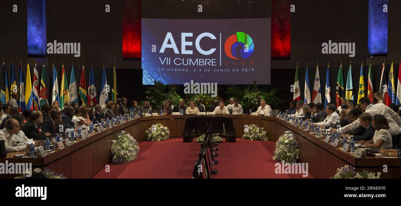 (160605) -- HAVANA, June 5, 2016 -- The 7th Summit of the Association of Caribbean States (ACS) is held in Havana, Cuba, on June 4, 2016. The 7th summit of the ACS concluded on Saturday with the approval of the Havana declaration, which touches on political issues, such as the U.S. blockade on Cuba and the Venezuelan crisis. The bloc also approved a joint action plan for the next two years, which will increase economic and commercial cooperation among the member nations. Ismael Francisco/Cubadebate) (zjy) MANDATORY CREDIT NO ARCHIVE-NO SALES EDITORIAL USE ONLY CUBA-HAVANA-ACS-SUMMIT e Cubadeba Stock Photo