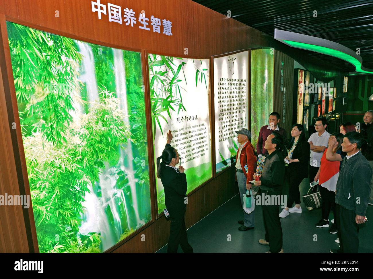(160605) -- ANJI, June 5, 2016 -- A staff member introduces the knowledge of bamboo and health in a biotechnology company in Anji County, east China s Zhejiang Province, June 3, 2016. Anji is known for its pleasant environment with flourishing bamboo plantations and many scenes from the famous movie Crouching Tiger, Hidden Dragon were shot here. The county persists in green, low-carbon development, and strives to protect environment as well as to develop local economy. June 5 is observed as World Environment Day every year, and this year s theme issued by China s Ministry of Environment Protec Stock Photo