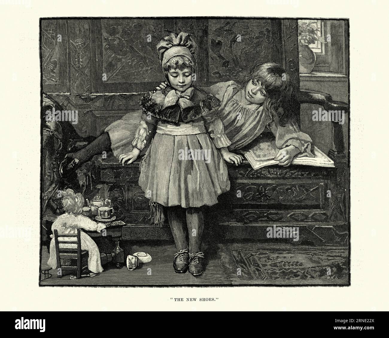 Vintage engraving of a Little Victorian girl tryingh on her new shoes, after Harriette Sutcliffe, 19th Century Stock Photo