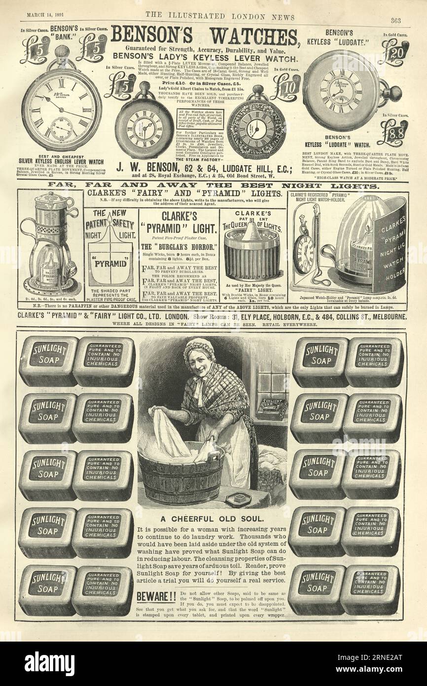 Page of victorian newspaper adverts. Sunlight soap, Benson's watches, night lights, 19th Century Stock Photo