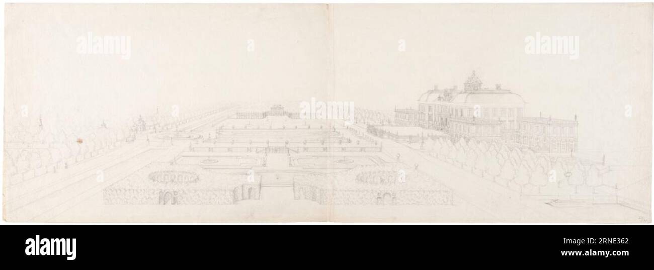 Utsikt över Drottningholms slott och park från sydväst. between 1660 and 1669 by Nicodemus Tessin the Elder Stock Photo