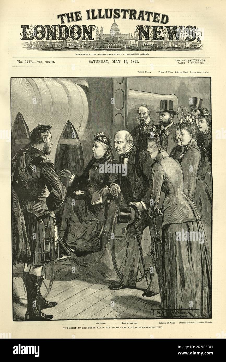 Vintage illustration Queen Victoria riding in a wheelchair at the Royal Naval Exhibition view the 110 ton gun, 1891, 19th Century Stock Photo