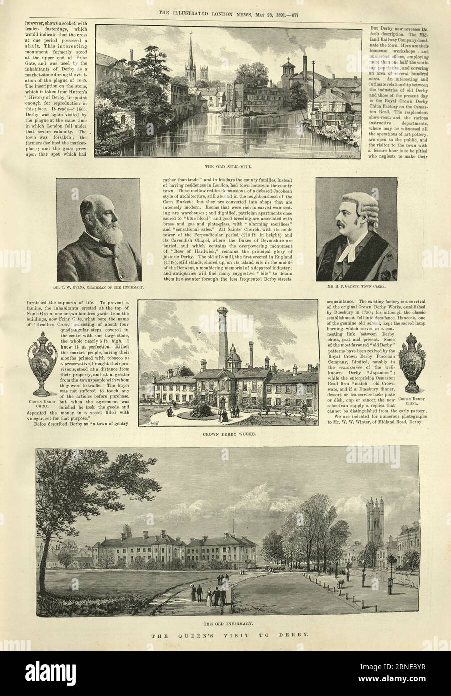 Victorian newspaper page about Queen Victoria's visit to Derby, 1891, Old Silk Mill, Crown Derby Works, Old Infirmary Stock Photo