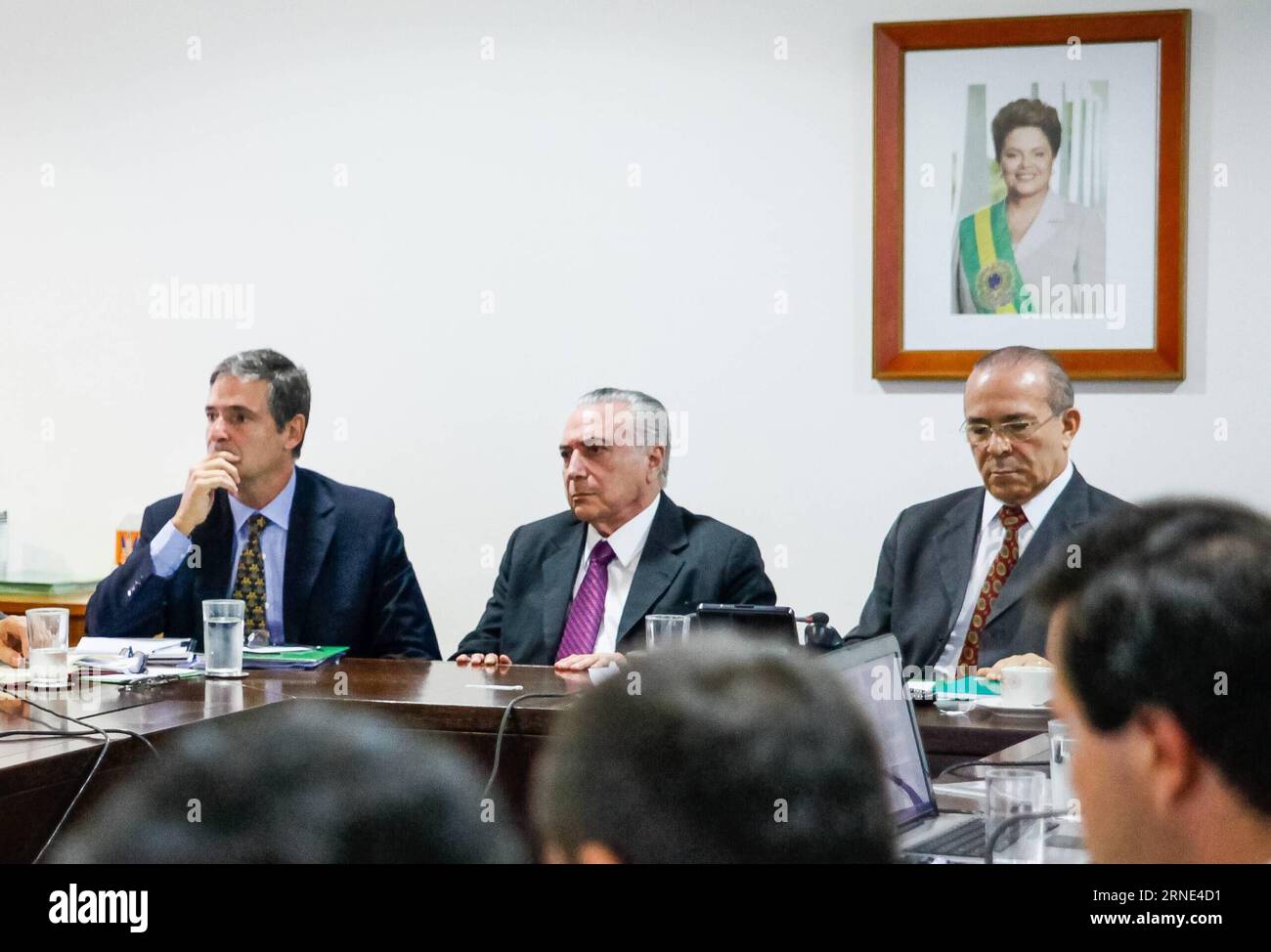 BRASILIA, June 7, 2016 -- Image provided by Brazil s Presidency shows acting Brazilian President, Michel Temer (C), participating in a meeting on the preparations for the 2016 Rio Olympic Games, in Brasilia, Brazil, on June 7, 2016. Brazilian Government said on Tuesday that nothing will prevent that the Olympic Games and Paralympics of Rio de Janeiro will be a success, and highlighted the importance of organizing a good Olympics before the eyes of everyone. Carolina Antunes/Brazil s Presidency) (jp) (vf) (dh) (SP)BRAZIL-BRASILIA-SPORTS-OLYMPIC GAMES e BRAZILIANxPRESIDENCY PUBLICATIONxNOTxINxCH Stock Photo