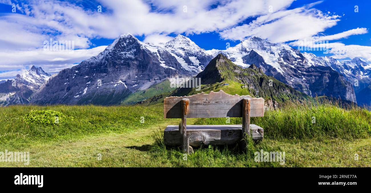 Swiss nature scenery. Scenic snowy Alps mountains Beauty in nature. Switzerland landscape. View of Mannlichen mountain and famous hiking route "Royal Stock Photo