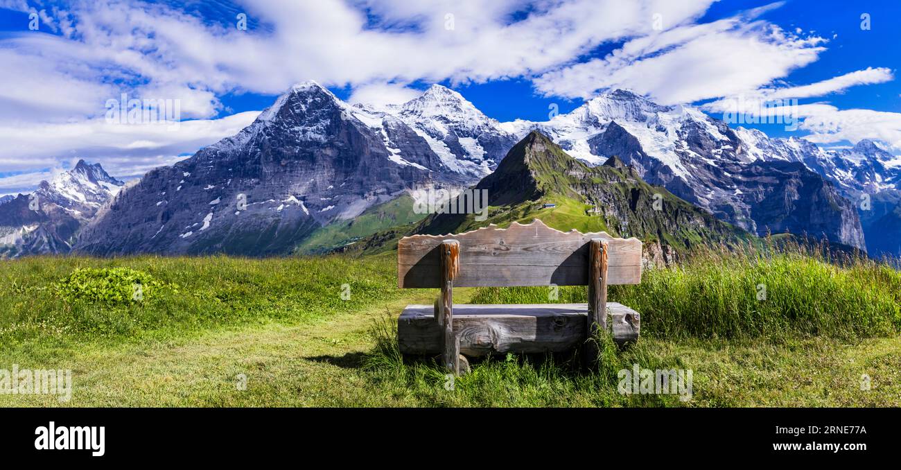 Swiss nature scenery. Scenic snowy Alps mountains Beauty in nature. Switzerland landscape. View of Mannlichen mountain and famous hiking route 'Royal Stock Photo