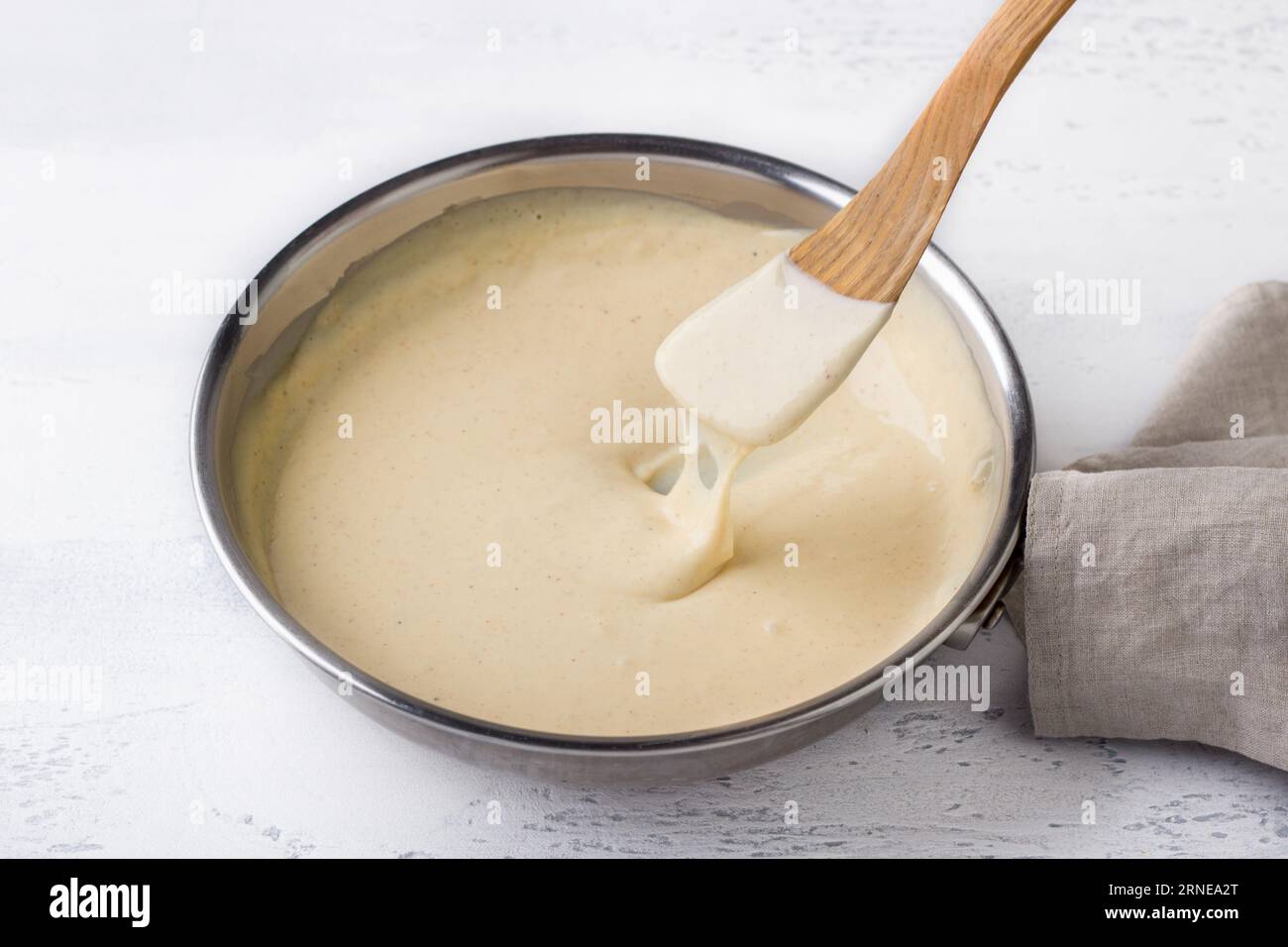 Making Pasta Cheese Sauce, Step by Step, DIY. Step 10. Ready sauce in a frying pan Stock Photo