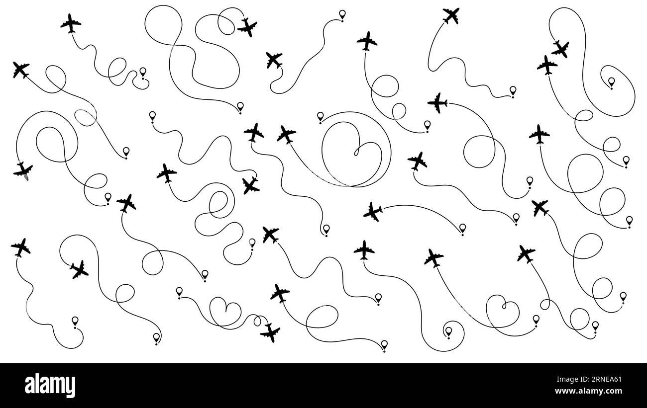 Airplane or aeroplane routes path set. Travel concept from start point