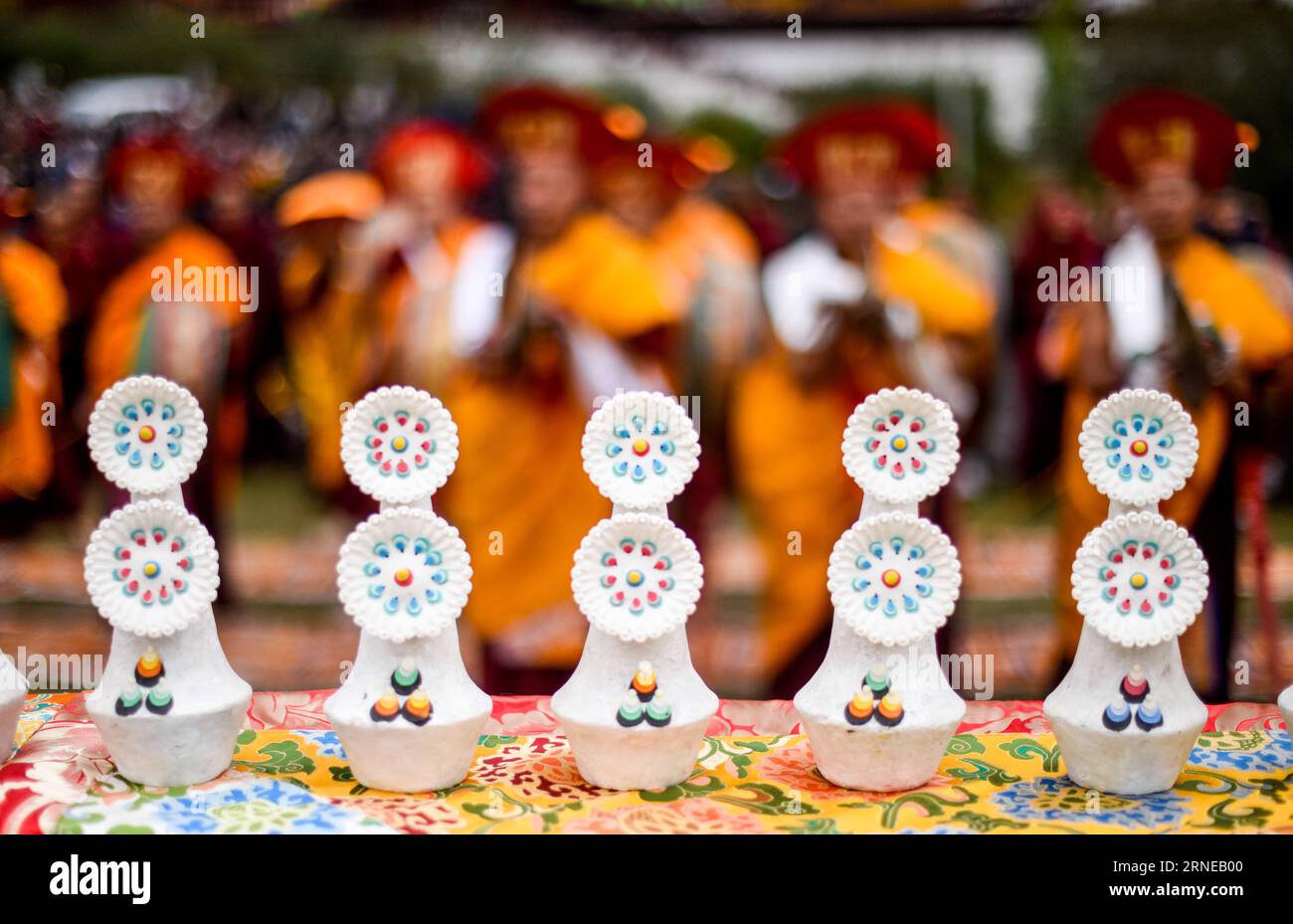 (160616) -- LHASA, June 16, 2016 -- Photo taken on June 16, 2016 shows Tibetan butter sculptures at a Thangka worship activity at the Tsurphu Monastery in Lhasa, capital of southwest China s Tibet Autonomous Region. An annual Thangka worship activity to show a 38-meter-by-35-meter Thangka was held at Tsurphu Monastery, a main base of the Kagyu school in Tibetan Buddhism, on Thursday, attracting many followers. The Thangka is a Tibetan Buddhist scroll-banner painting. ) (wjq) CHINA-TIBET-THANGKA-WORSHIP (CN) PurbuxZhaxi PUBLICATIONxNOTxINxCHN   160616 Lhasa June 16 2016 Photo Taken ON June 16 2 Stock Photo