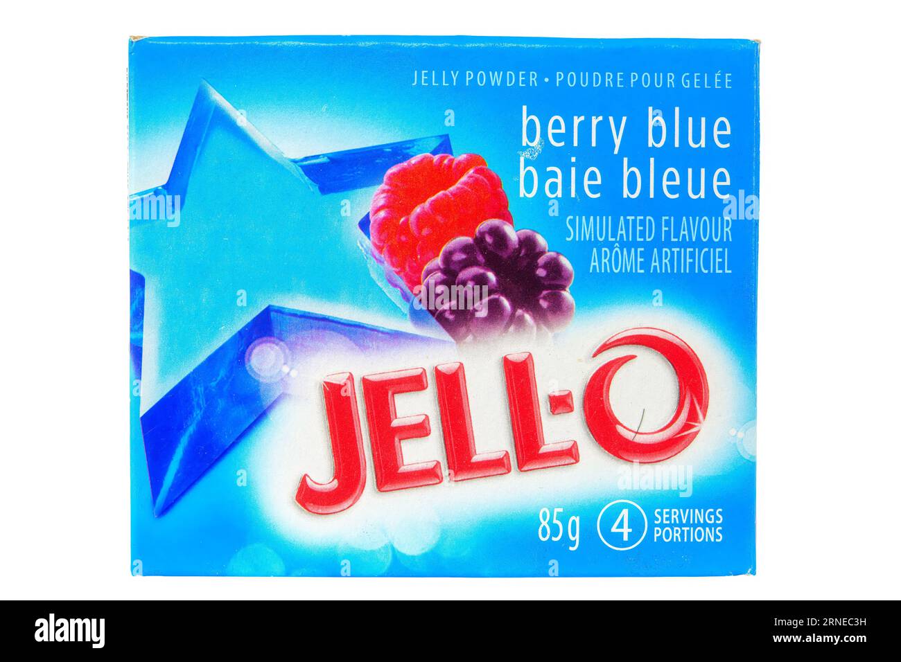 A box of JellO jelly powder. Simulated flavour of Berry Blue Stock