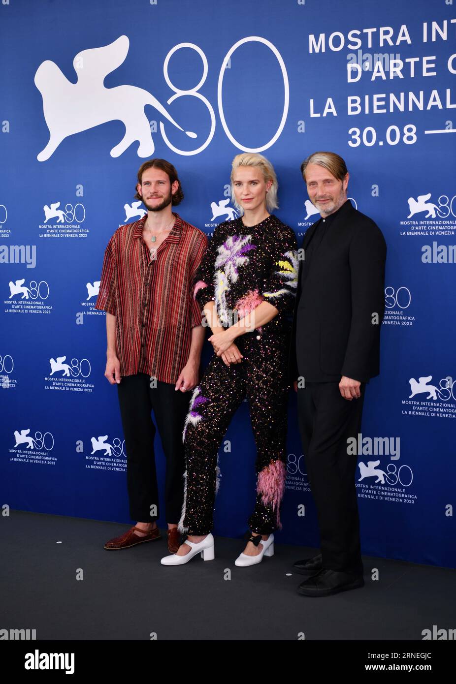 Venice, Italy. 1st Sep, 2023. Actor Simon Bennebjerg (L), actress Amanda Collin (C) and actor Mads Mikkelsen attend a photocall for the film 'Bastarden (The Promised Land)' during the 80th Venice International Film Festival in Venice, Italy, Sept. 1, 2023. The film will compete for the prestigious Golden Lion prize. Credit: Jin Mamengni/Xinhua/Alamy Live News Stock Photo