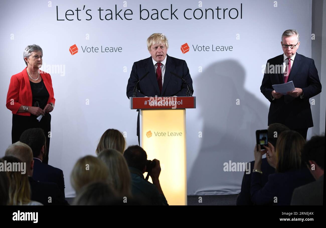 (160624) -- LONDON, June 24, 2016 () -- Former London Mayor and Vote Leave campaigner Boris Johnson (C) speaks during a press conference in London, Britain, June 24, 2016. The Leave camp has won Britain s Brexit referendum on Friday morning by obtaining nearly 52 percent of ballots, pulling the country out of the 28-nation European Union (EU) after its 43-year membership. () BRITAIN-LONDON-BREXIT-BORIS JOHNSON Xinhua PUBLICATIONxNOTxINxCHN   160624 London June 24 2016 Former London Mayor and VOTE Leave Campaigner Boris Johnson C Speaks during a Press Conference in London Britain June 24 2016 T Stock Photo